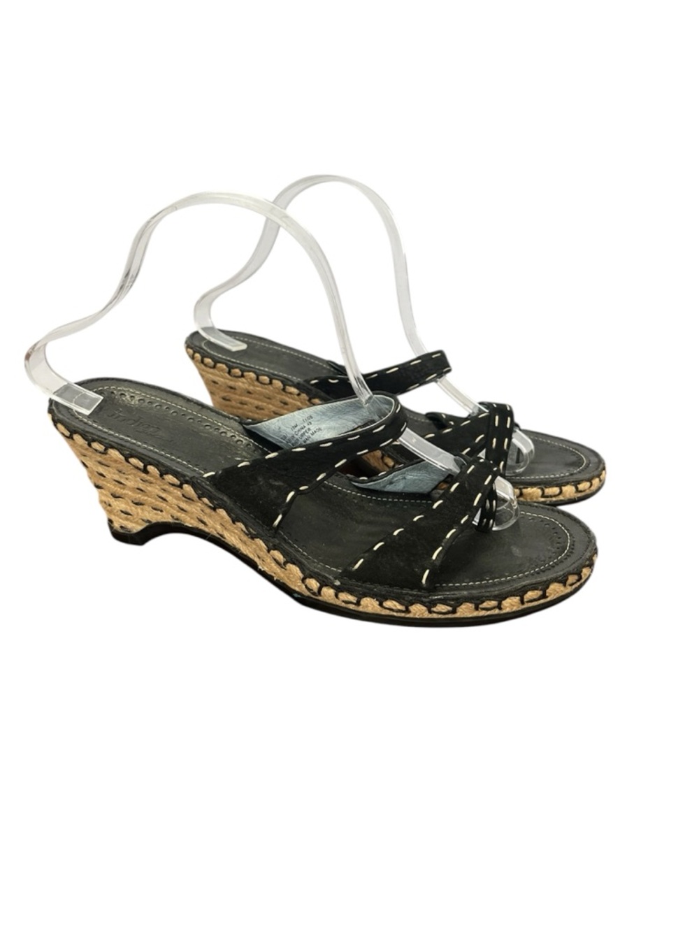 Indigo by Clarks Suede Wedge Thong Sandals Sz 10 Black Jute Heel Leather